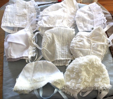 Lovely Vintage Lot of 8 Baby or Doll Bonnets Lace Eyelet Sheer Silk