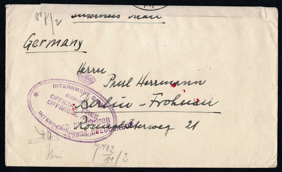 South Africa 1942 Internment Camp Mail, Dual Censor, Germany Destination, WWII - Image 3 of 3