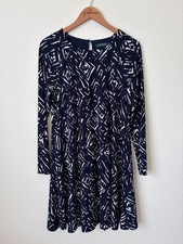 Lauren Ralph Lauren Dress Womens 8 Navy White Geometric Print Fit Flare Career