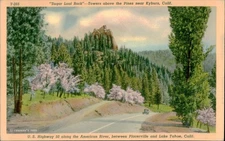 Vtg 1940s Linen Postcard Sugar Loaf Rock Kyburz CA American River Hwy 50