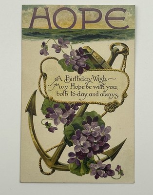 Antique Birthday Postcard Hope Anchor Purple Violet Flowers Greetings Art E4