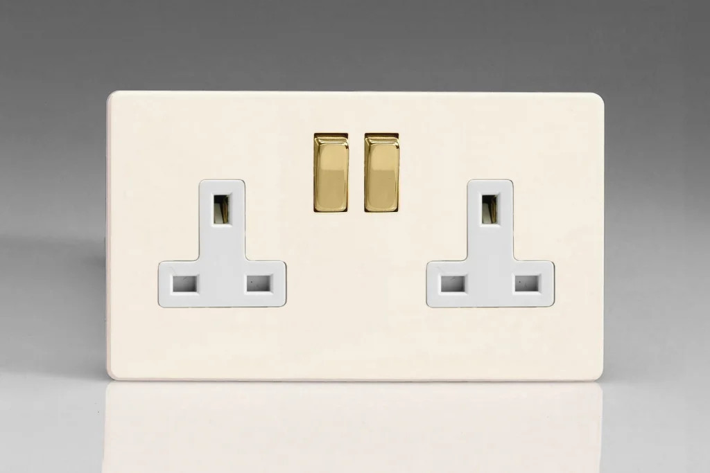 13A Socket Primed 2-Gang 2 Pole Screwless + Brass/White Insert Varilight