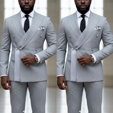 Grey Men's Suit Business Peak Lapel Tuxedo Coat Office Eveing Double Breasted