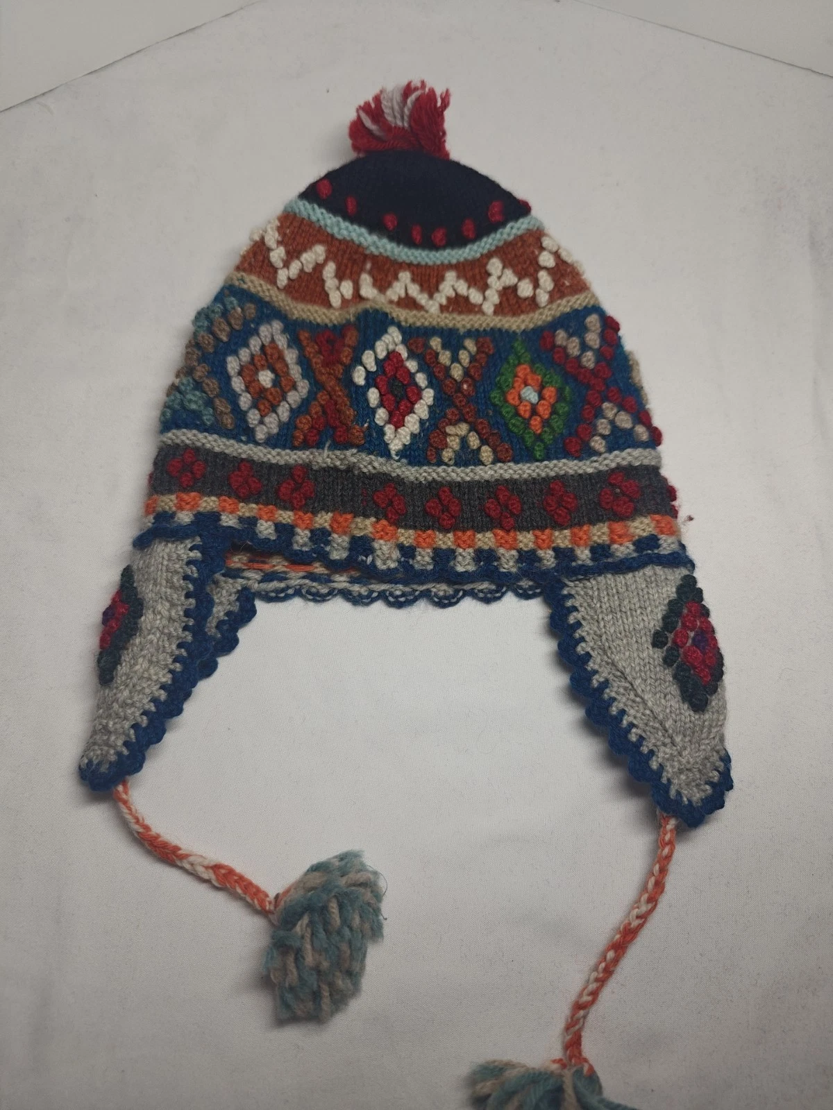 Hand Knit Peruvian Style Chullo Earflap Hat Wool Blend Multicolor For Babies