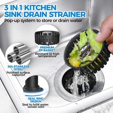 3-in-1 Kitchen Sink Drain Strainer  Stopper  Stainless Steel Anti-Clog - Black