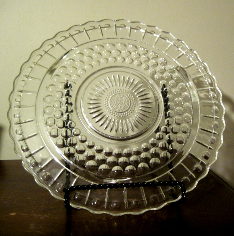 Vintage Federal Glass Cake Plate Clear Glass 3 Footed 11-3/4" Dots Sunburst