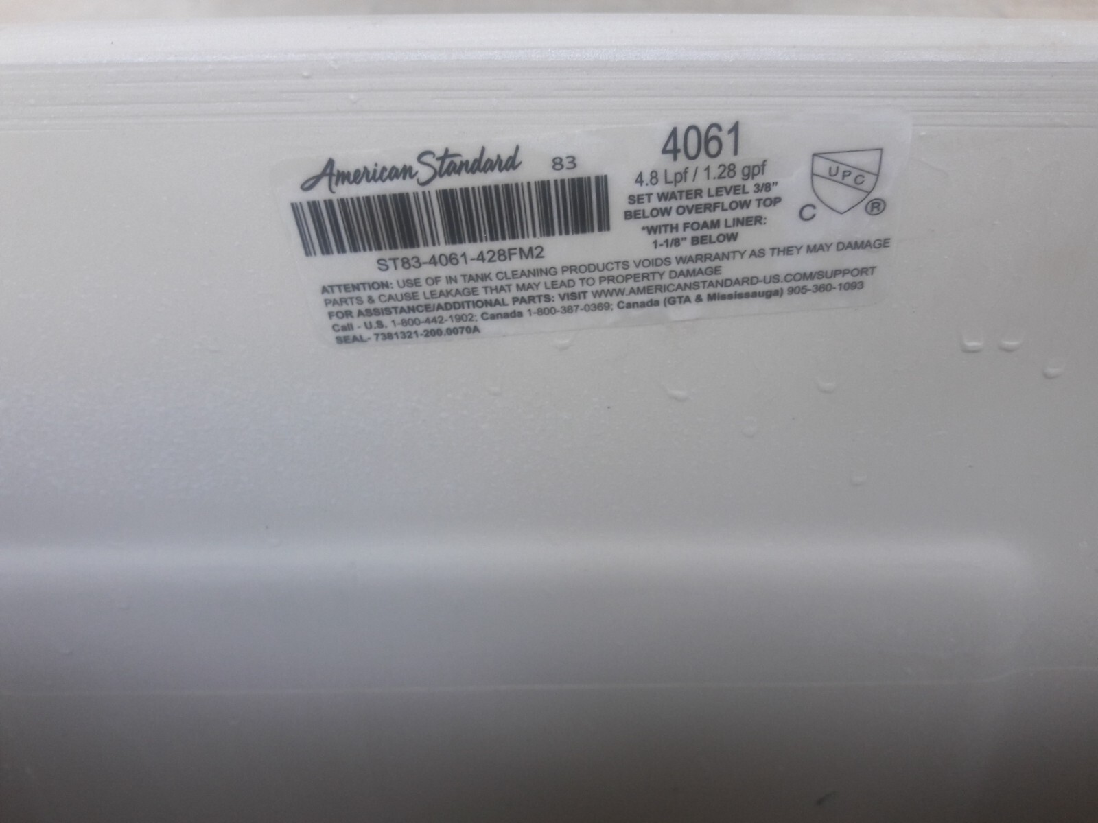 4061 AMERICAN STANDARD TOILET TANK 4061 WHITE