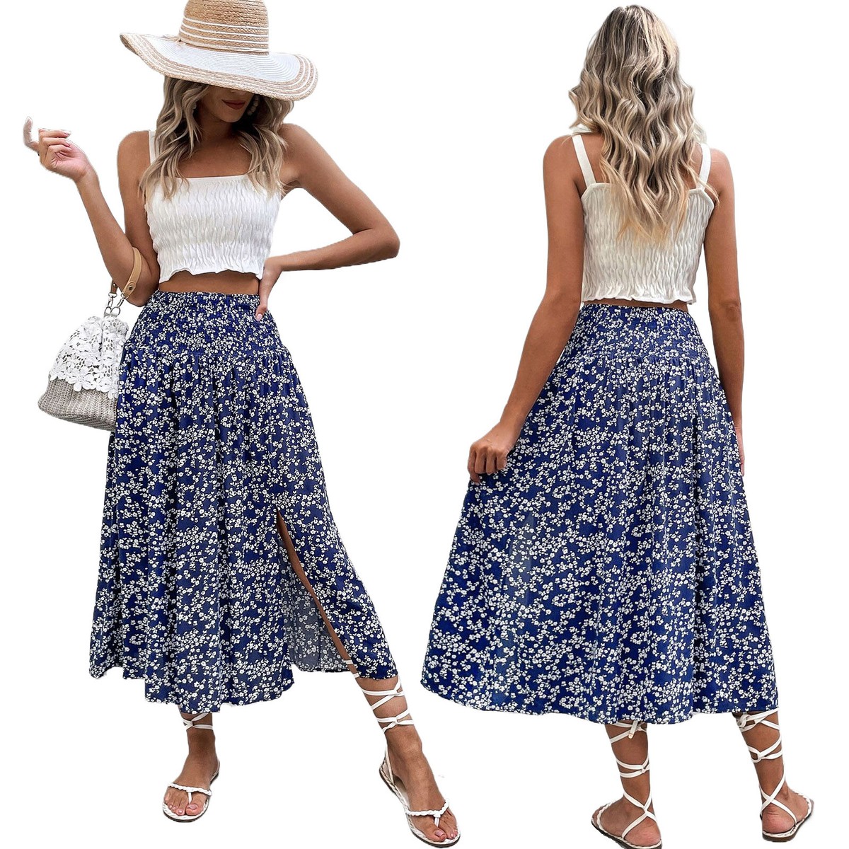 Women's Boho Floral Slit Midi Skirt High Waist Split A Line Long