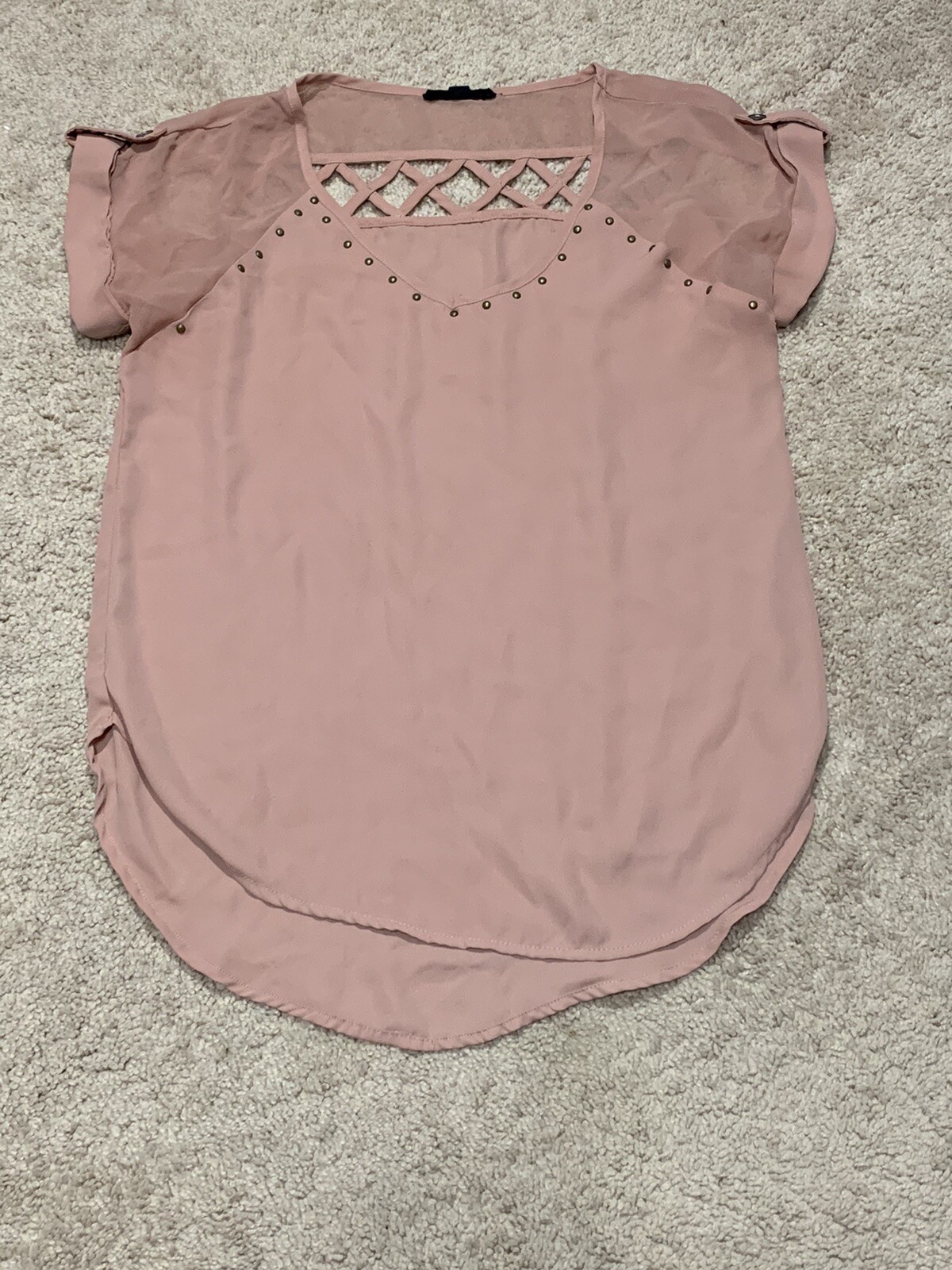 Pearl Studded Criss Cross Back Sheer Sleeve Beige Blouse Women's Small