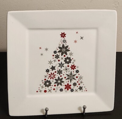 2pc Food Network Linzer Holiday Square 1 Salad,1 Dinner Plate Christmas Tree NEW