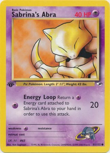 Pokemon Card - Gym Heroes 91/132 - SABRINA'S ABRA (common) **1st Edition** - NM