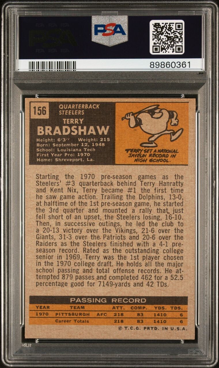 1971 Topps Autographed Terry Bradshaw Rookie Card PSA 5 DNA AUTO 10 #89860361 view 2