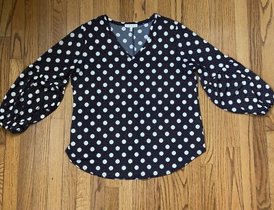 Chaus NY Polka Dot V Neck Balloon Sleeve Blouse Top 1X Black Stretchy Career