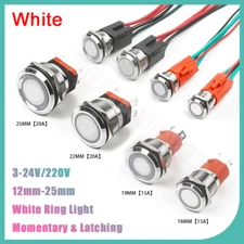 Metal Pushbutton 12mm-25mm White Ring Light Momentary Latching Switch 3-24V/220V