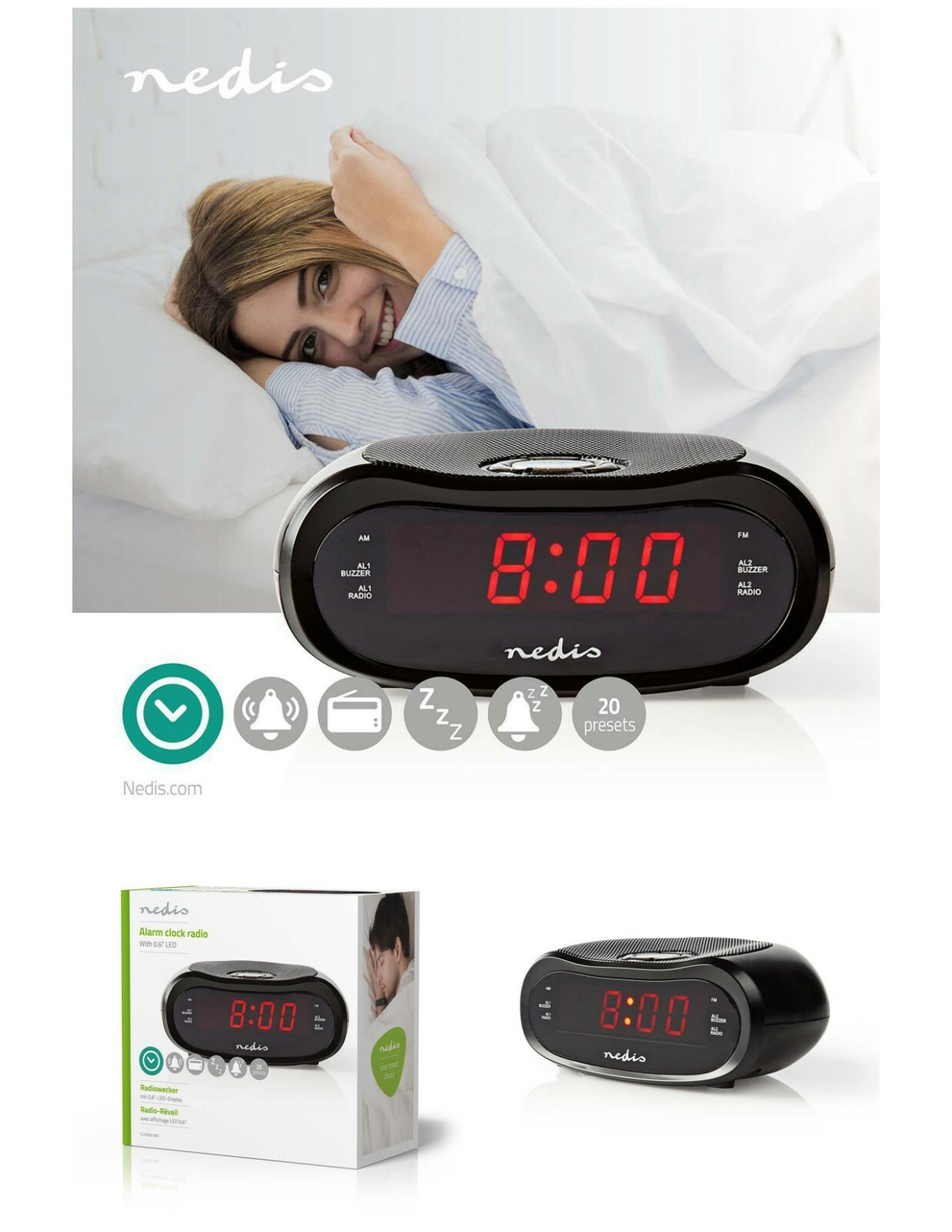 Radio réveil LED noir doté d'une minuterie de sommeil et double alarme réglable