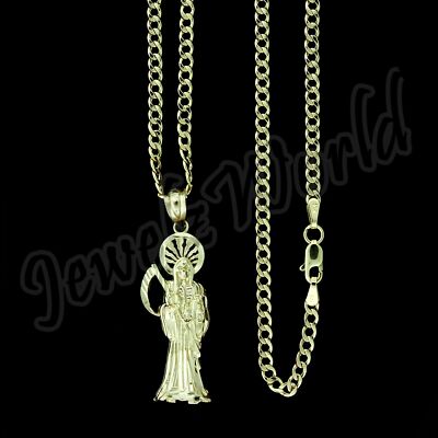 10K Yellow Gold Santa Muerte Grim Reaper Pendant & 2.5mm Cuban Curb Link Chain