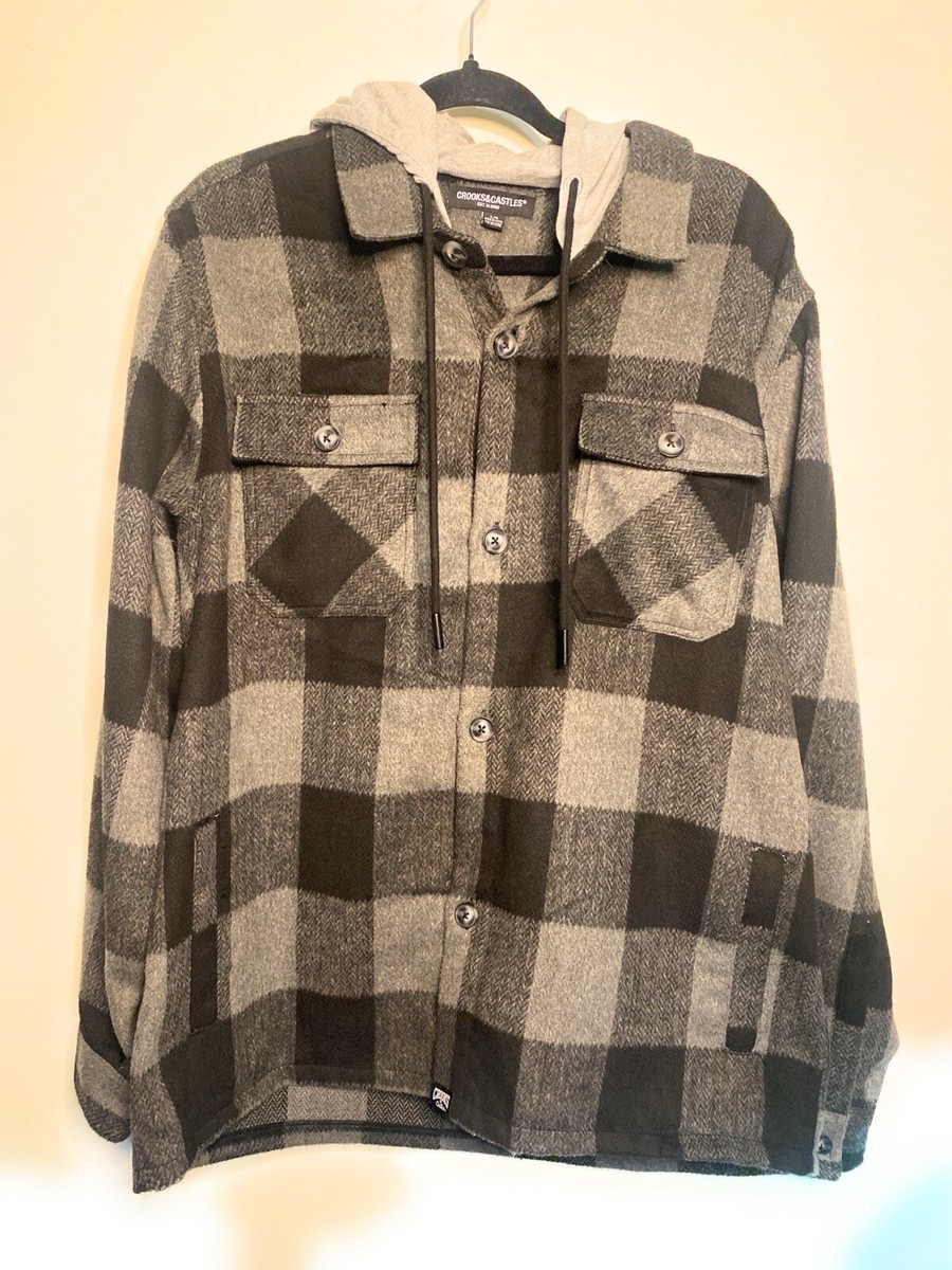 Crooks Castles Plaid Jacket Mens L Black Grey Hooded Button Up Shirt  Pocket