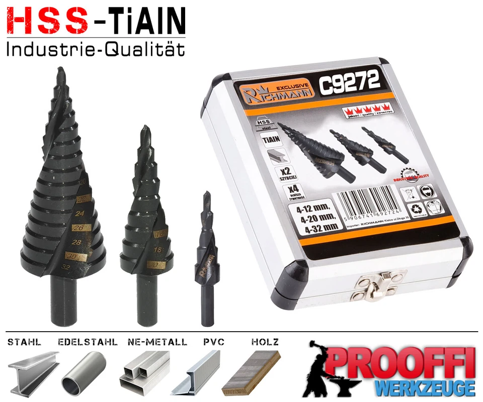 Stufenbohrer Spiral Schäl Bohrer Metall Fräser 3 tlg Set HSS TiALN 4-32mm C9272