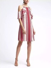 Banana Republic Stripe Ruffle Cold-Shoulder Dress,Red Stripe SIZE 2  #783383 E59