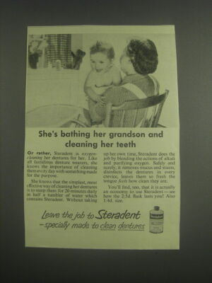 1953 Steradent Denture Cleaner Ad - She's bathing her grandson and cleaning