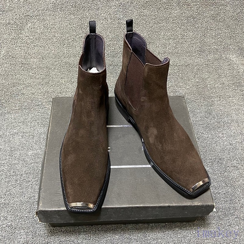 Men Real Leather Hightop Chelsea Suede Ankle Boots Metal Square Toe