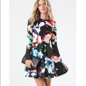 Nwt Bebe Black Floral Multi Color Belt Fit Flare Long Sleeve Top Dress Xs 0 2 Ebay