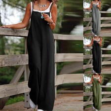 Women's Cotton Linen Jumpsuit Dungaree Strappy Baggy Wide Leg Playsuit Overalls