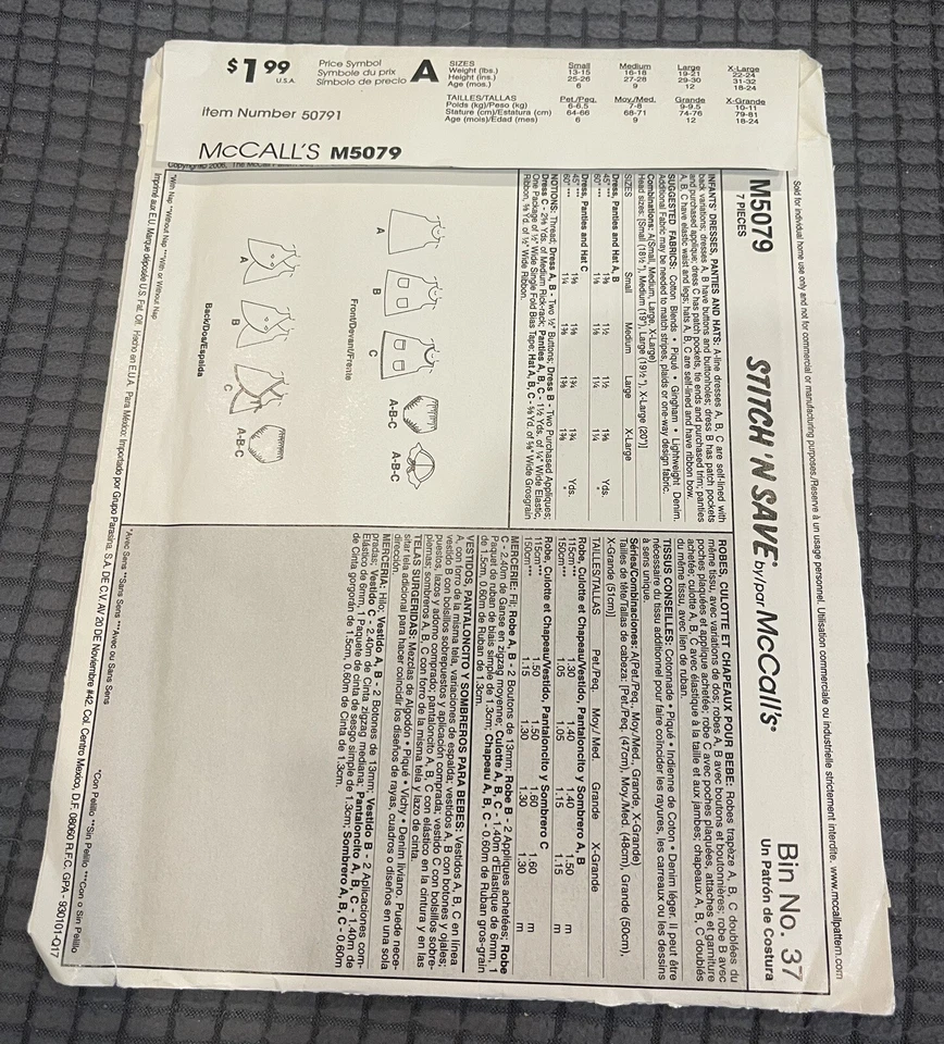 UNCUT Stitch & Save #M5079 sewing pattern, infant dresses panties hat size S-XL - Image 2 of 2