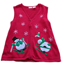 Vintage Ugly Christmas Sweater Women's SNOWMEN SKI JUMPING Vest Size L