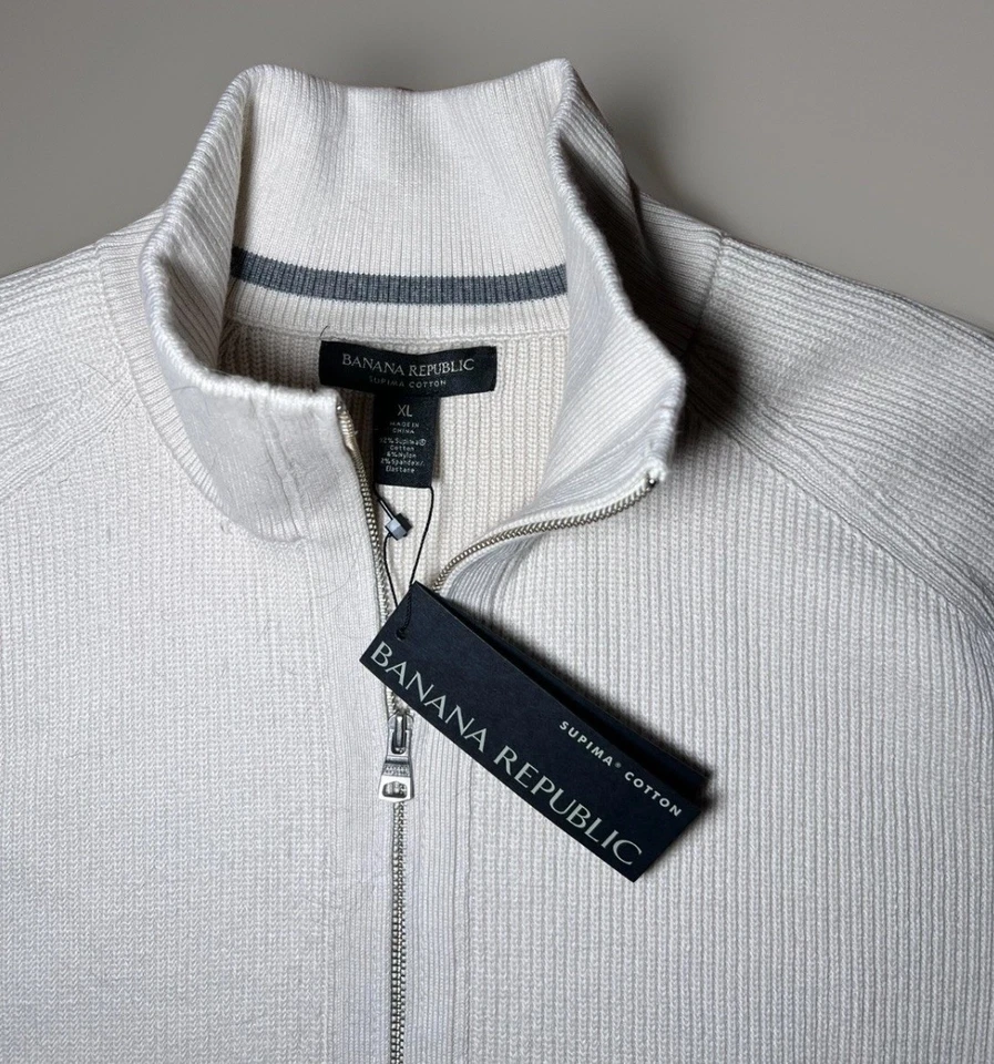 NWT Banana Republic Beige Ribbed Full Zip Supima Cotton Sweater Men's Size XL  - Image 2 of 4
