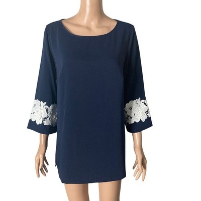 Vtg Linea By Louis Dell'Olio Blouse 8 Blue White Embroidered Applique Sleeve