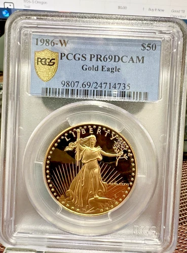 1986 W US Proof Gold Eagle 1 oz $50 PCGS PR69 DCAM GOLD SHIELD