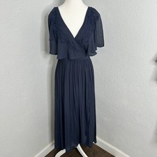 Free People Navy Blue Embroidered Maxi Dress Flutter Sleeve Wrap Front