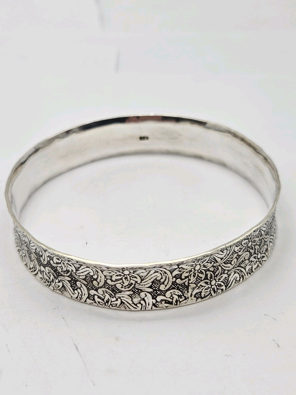 Solid Silver Slip On Bangle, Floral Pattern, Styl… - image 6