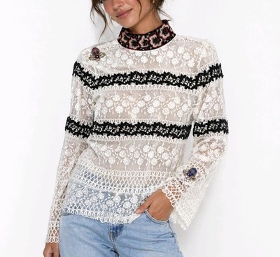 Giamba Giambattista Valli Blouse White Black Lace Embellished High Neck Size S
