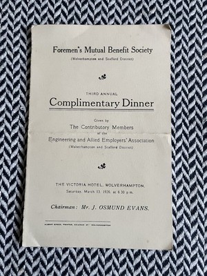 Foremen s Mutual Benefit Society Wolverhampton Stafford Dinner Menu 1926