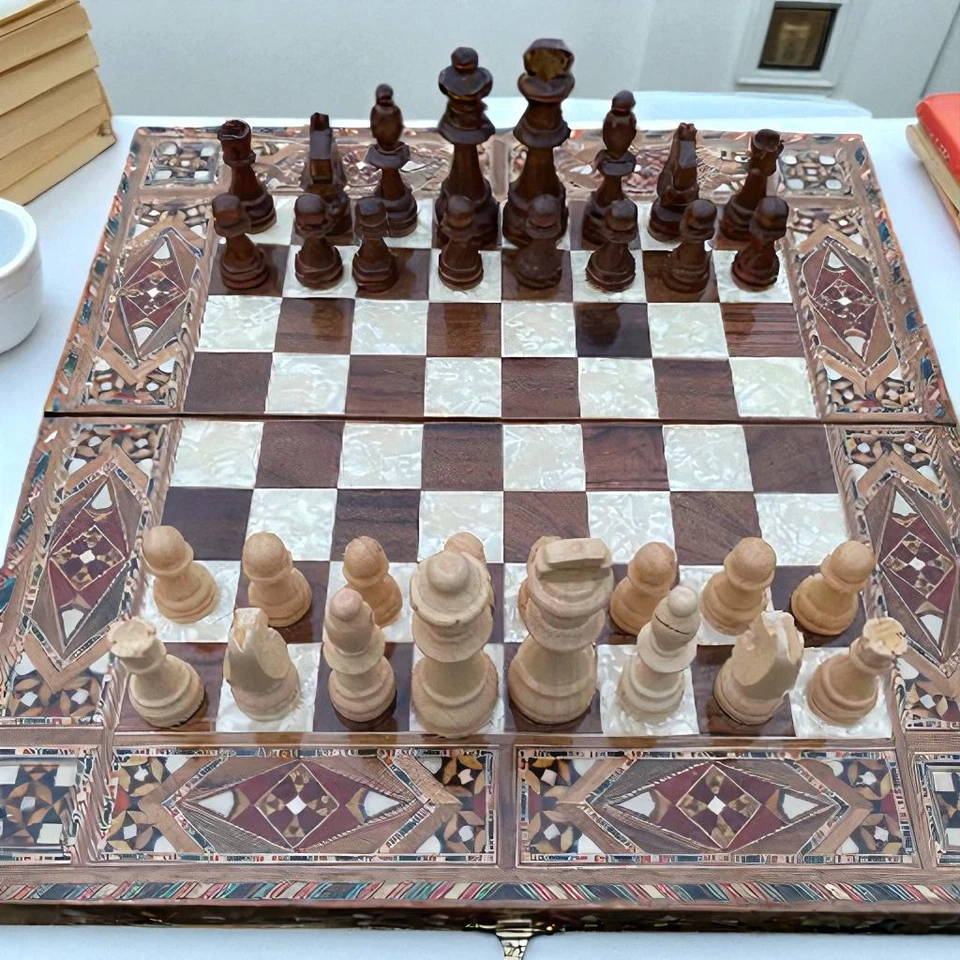 Juego de ajedrez de backgammon hecho a mano con incrustaciones de madera maciza tablero de juego - regalo de Navidad🎁 Foto 2 de 4