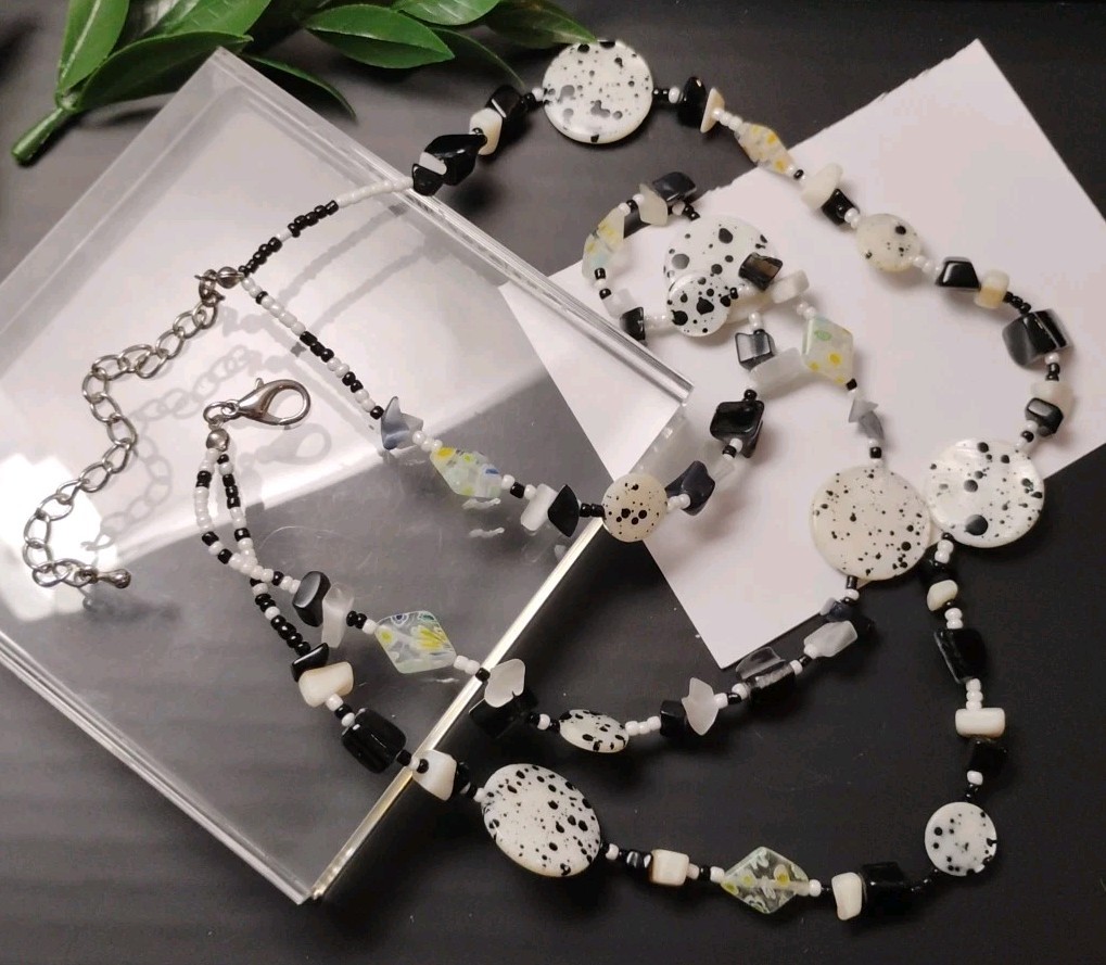 DALMATIAN Vibes! Chunky Beaded Mixed Media inc. MOP, Selenite, 17" Necklace! View 2