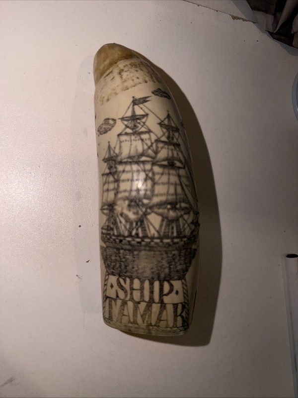 VINTAGE SCRIMSHAW WHALE TOOTH SHIP TAMAR 1861 REPLICA REPRODUCTION