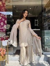 Beautiful Heavy Tissue Silk Beige Palazzo Suit With Dupatta For Indian Party