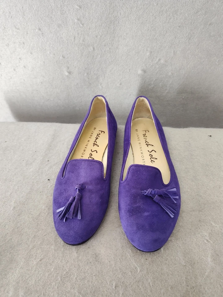 法国鞋底女式乐福鞋 36 紫色麂皮绒流苏懒人平底西班牙鞋 US5 — 第 2/4 张图片
