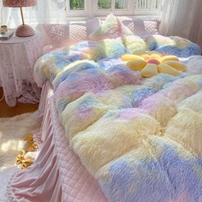 Kids Girls Faux Fur Sunshine Rainbow Comforter Sets Twin/Full - 3PC Bed Set S...