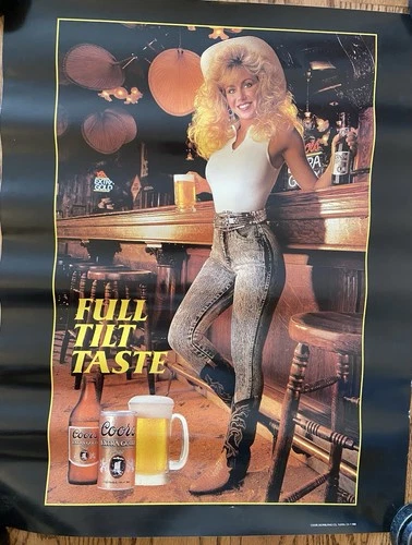 Vintage Coors Extra Gold Beer Poster Sign Sexy Blonde Beer Babe Cowgirl