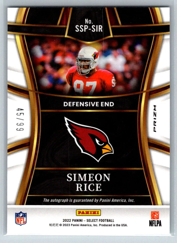 2022 Panini Select Simeon Rice SSP-SIR Blue Prizm Auto 45/99 Buccaneers TC2030 - Image 2 of 2