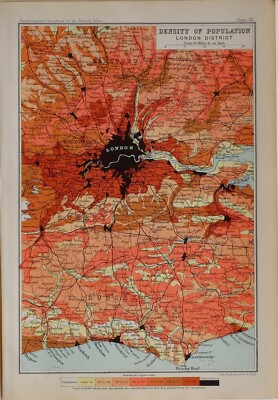 1901 CENSUS MAP DENSITY OF POPULATION LONDON DISTRICT HERTFORD MIDDLESEX SURREY