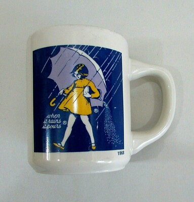 Vintage 1980's 3'' Pottery Mug Old 1968 Morton Salt Label Pattern FREE S/H 