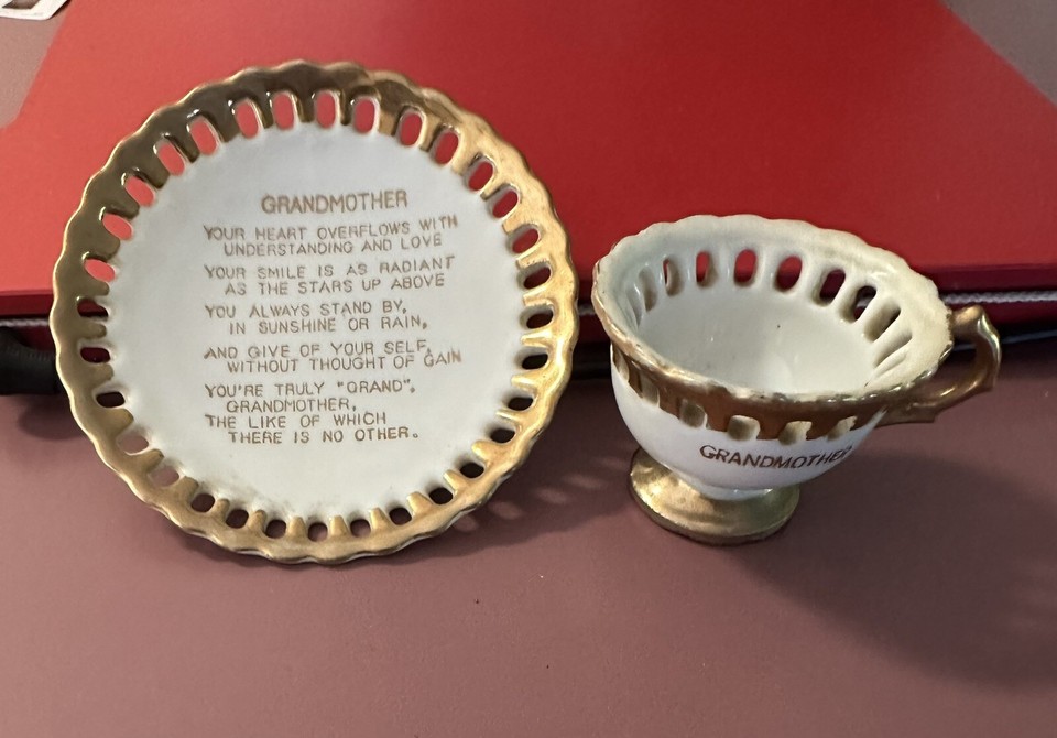 Vintage Small Novelty Golden Edge Grandmother Poem Tea Cup & Saucer