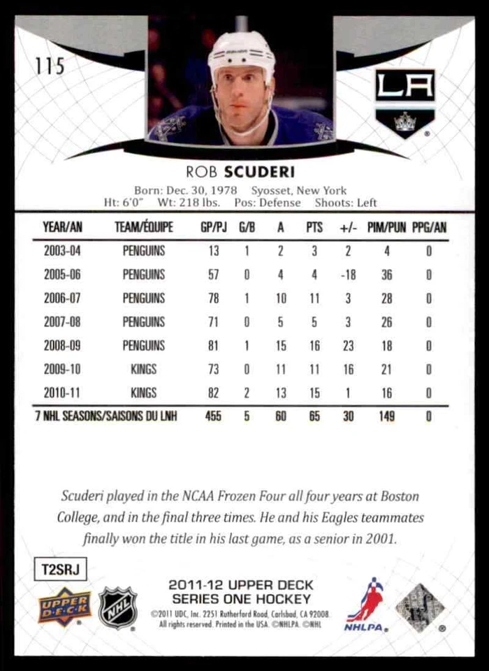 2011-12 Upper Deck Rob Scuderi #115 - Image 2 of 2