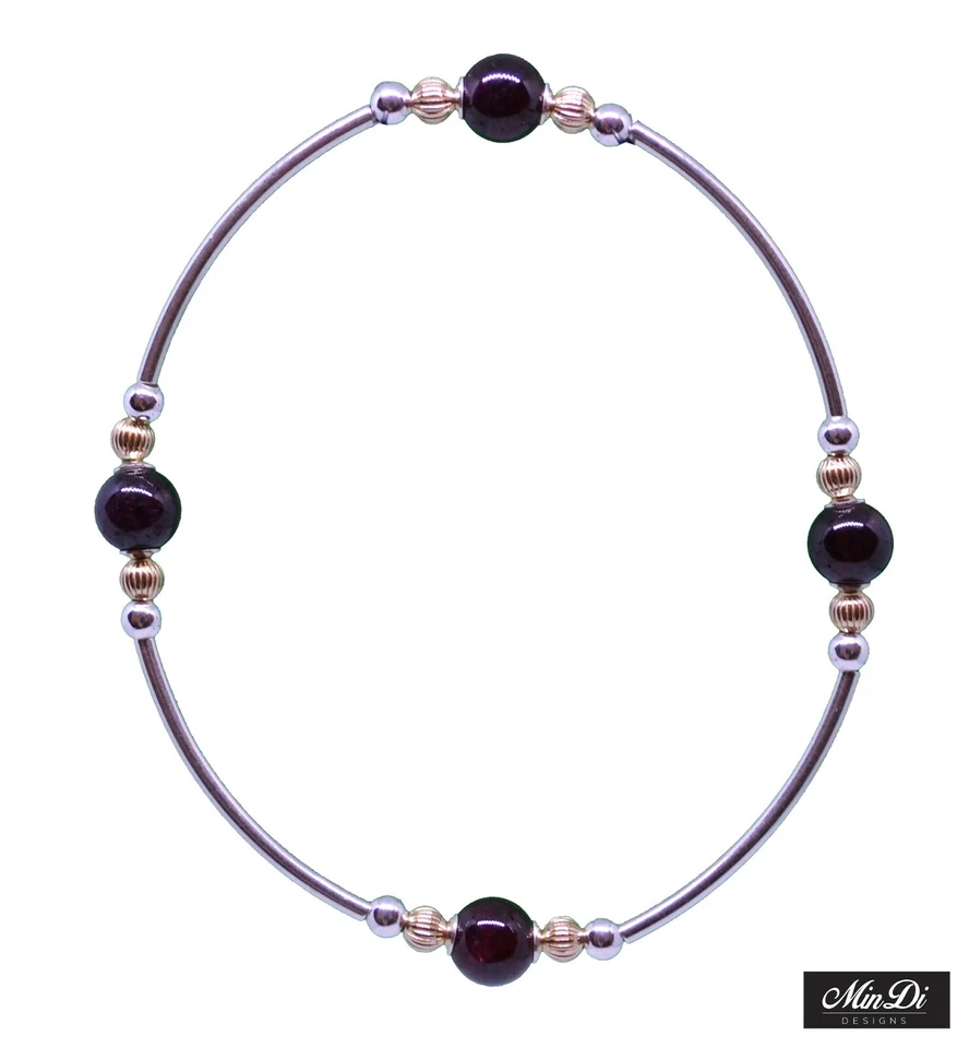 Bracciale elastico fatto a mano con oro giallo 14 carati riempito, granato e ... - Immagine 4 di 4