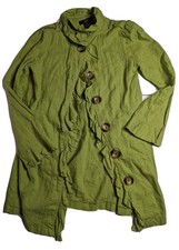 Luii-anthropologie Green Linen Blend Long Jacket Size M Women's Ruffle Details
